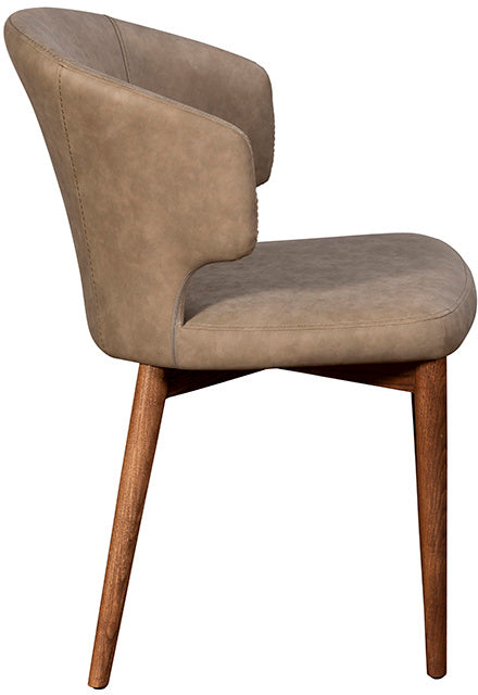 The Baker Rowan Dining Chairs feature a contemporary curved design upholstered in a light brown faux leather material, with walnut brown wood-effect legs