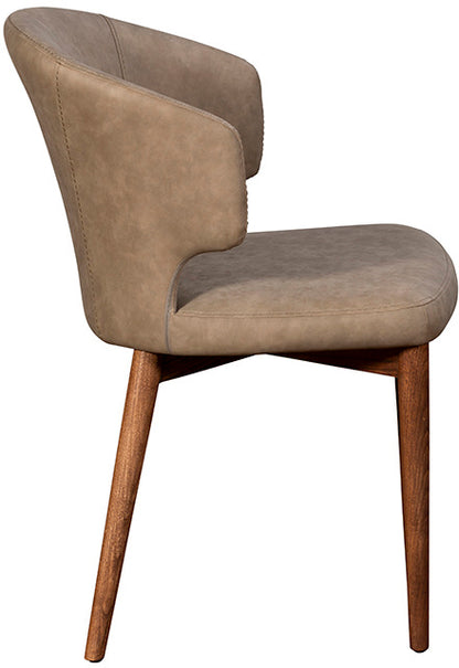 The Baker Rowan Dining Chairs feature a contemporary curved design upholstered in a light brown faux leather material, with walnut brown wood-effect legs
