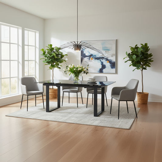 Baker Panama 176cm – 216cm Extending Dining Table seats up to 6 people when extended. Features a dark grey glass ceramic table top and powder coated aluminium legs