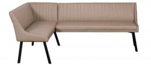 Baker Panama Chloe Righthand Corner Bench is upholstered in a taupe faux leather fabric with black metal legs