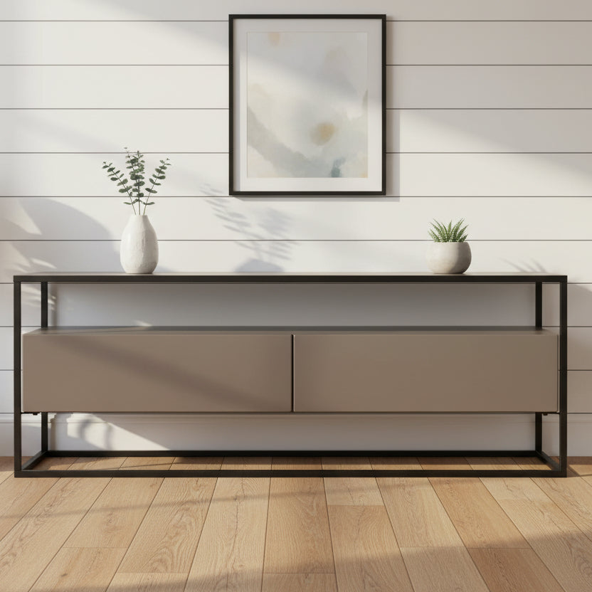 Baker Panama Coffee Table with metal frame, glass table top and painted middle floating drawers