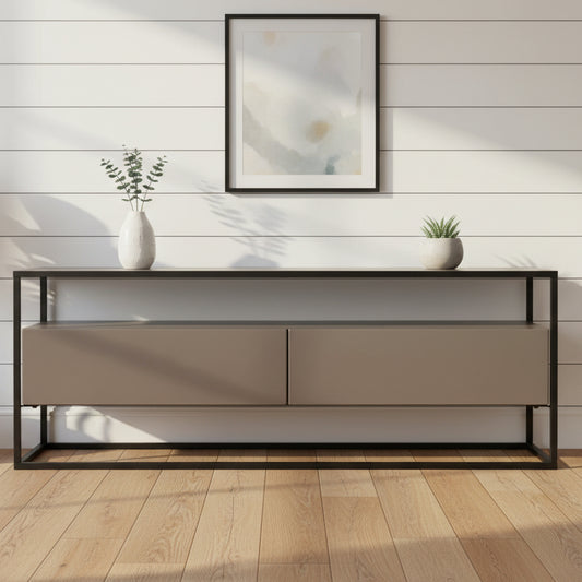 Baker Panama Coffee Table with metal frame, glass table top and painted middle floating drawers