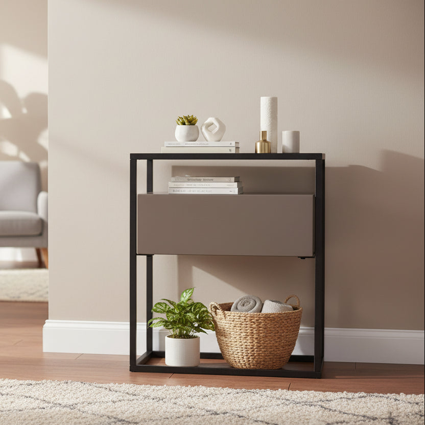 Baker Panama Lamp Table features a tempered glass table top and a powder coated aluminium frame with a floating mid section soft close drawer