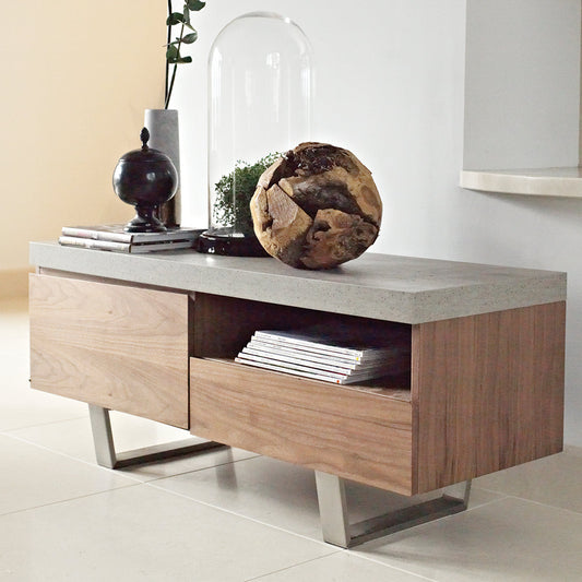 Baker Petra TV Unit features a walnut effect door and drawers with a concrete effect top and brushed stainless steel framework