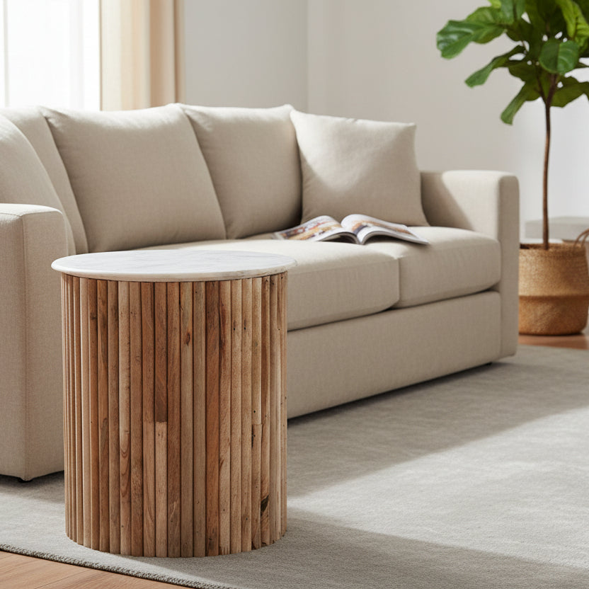 Baker Reed Side Lamp Table is made from a white washed mango wood and a round white solid marble table top