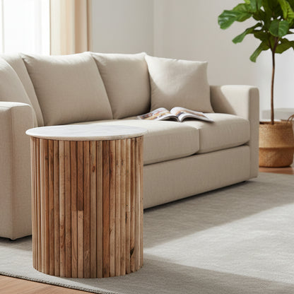 Baker Reed Side Lamp Table is made from a white washed mango wood and a round white solid marble table top