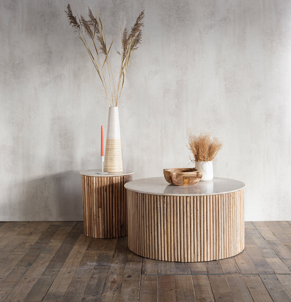 Baker Reed Lamp Table combines mango wood and marble for a modern and stylish addition to the home