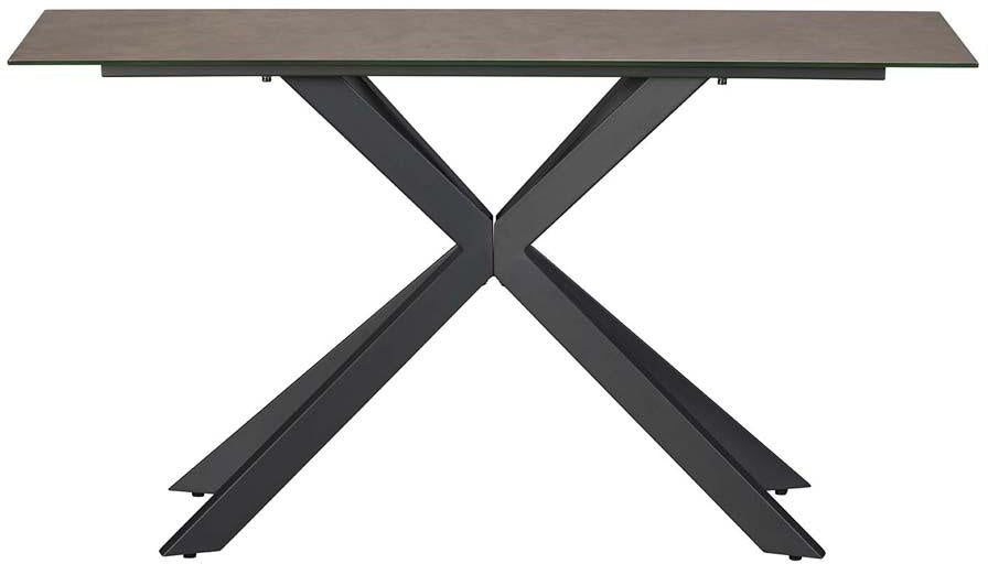 Baker Tietro Console Table in Light Grey, has a sleek modern design with ceramic glass table top and black metal cross legs