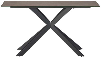 Baker Tietro Console Table in Light Grey, has a sleek modern design with ceramic glass table top and black metal cross legs