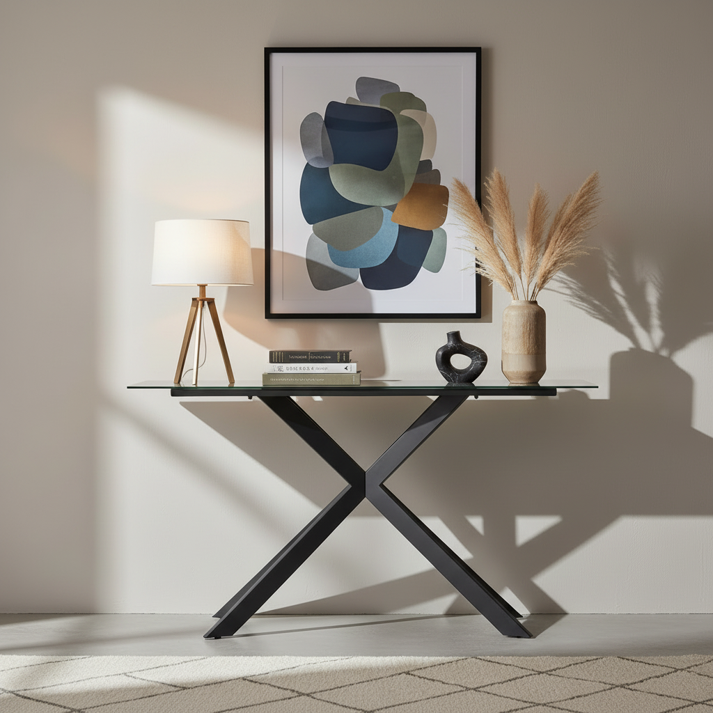 The Baker Tietro Console Table features a Light Grey table top and black metal cross legs