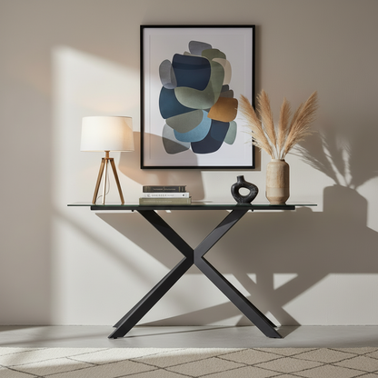 The Baker Tietro Console Table features a Light Grey table top and black metal cross legs