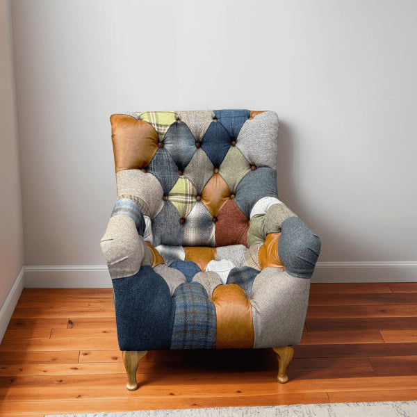Bamford Club Armchair Upholstered in Patchwork Fabric with deep diamond button tufting and turned wooden legs