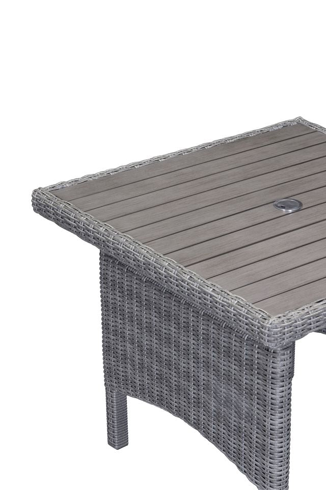 Bermuda 4 Seat Dining Set in Grey Weave rattan features a table with a square top and parasol hole
