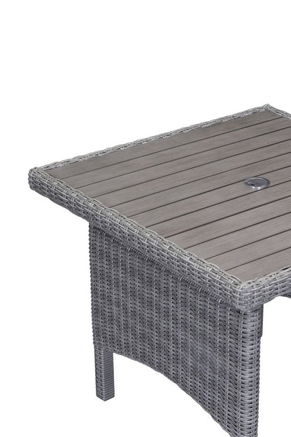 Bermuda 4 Seat Dining Set in Grey Weave rattan features a table with a square top and parasol hole