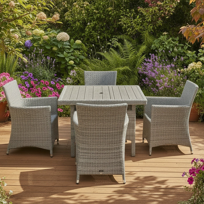 Bermuda 4 Seat Dining Set in Grey Weave rattan includes 4 armchairs and a square table with parasol hole