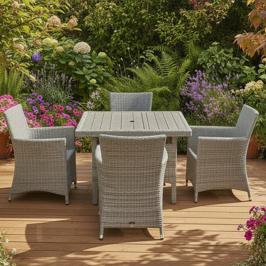 Bermuda 4 Seat Dining Set in Grey Weave rattan includes 4 armchairs and a square table with parasol hole