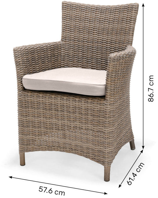 Bermuda 4 Seat Dining Set in Natural Weave rattan features 4 armchairs with a natural coloured seat pad