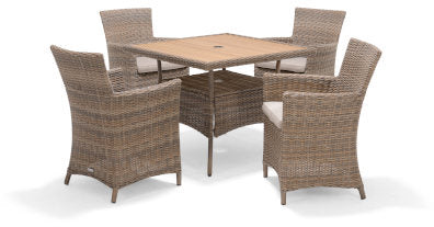 Bermuda Dining Set in a Natural Weave classic rattan, features a square table with a wood-effect top, lower shelf and parasol hole, plus 4 matching armchairs with seat pads