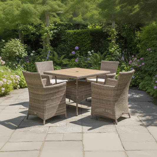 Bermuda 4 Seater Dining Set in a Natural Weave classic rattan, features a square table with lower shelf and a central parasol hole, plus 4 armchairs with seat pads