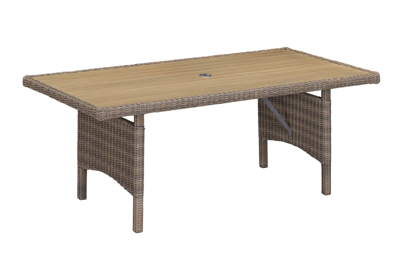 Bermuda 6 Seater Dining Set features a rectangular table in a Natural Weave rattan frame with a grooved wood-effect table top and parasol hole