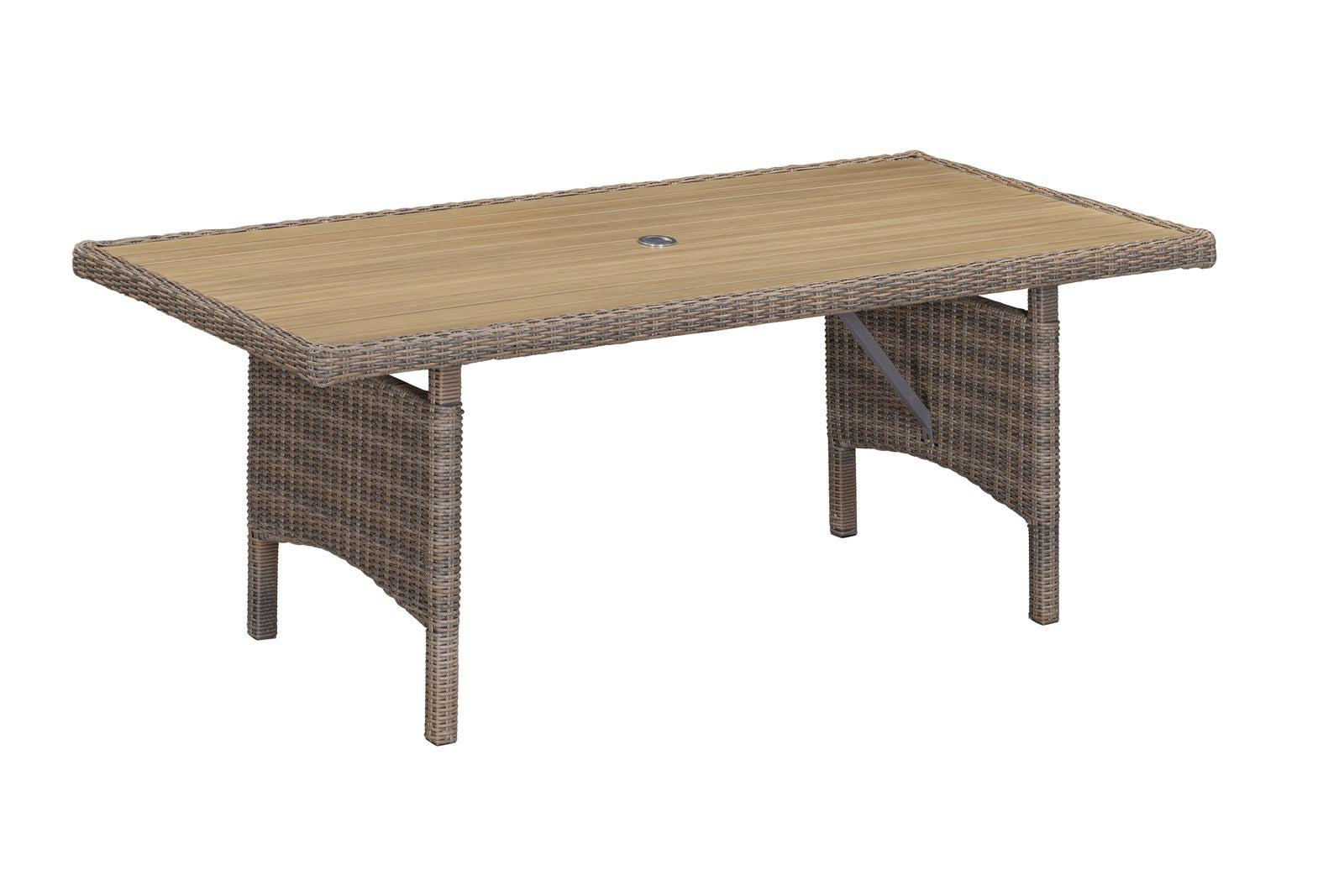 Bermuda 6 Seater Dining Set features a rectangular table in a Natural Weave rattan frame with a grooved wood-effect table top and parasol hole
