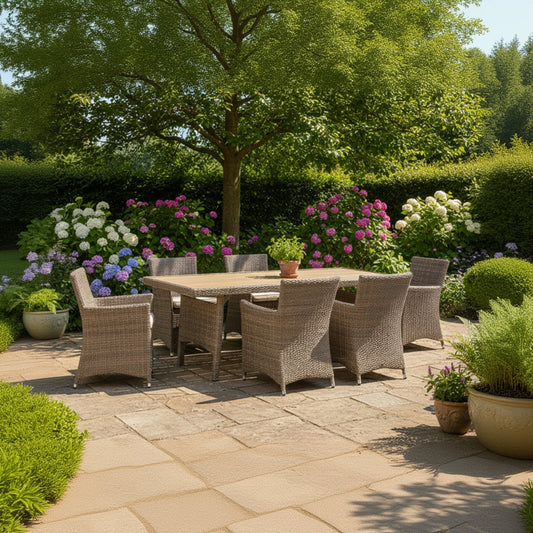 Bermuda 6 Seat Dining Set in Natural Weave rattan features a rectangular table with a panelled wood effect top and parasol hole, plus 6 matching armchairs with cream padded seat cushion