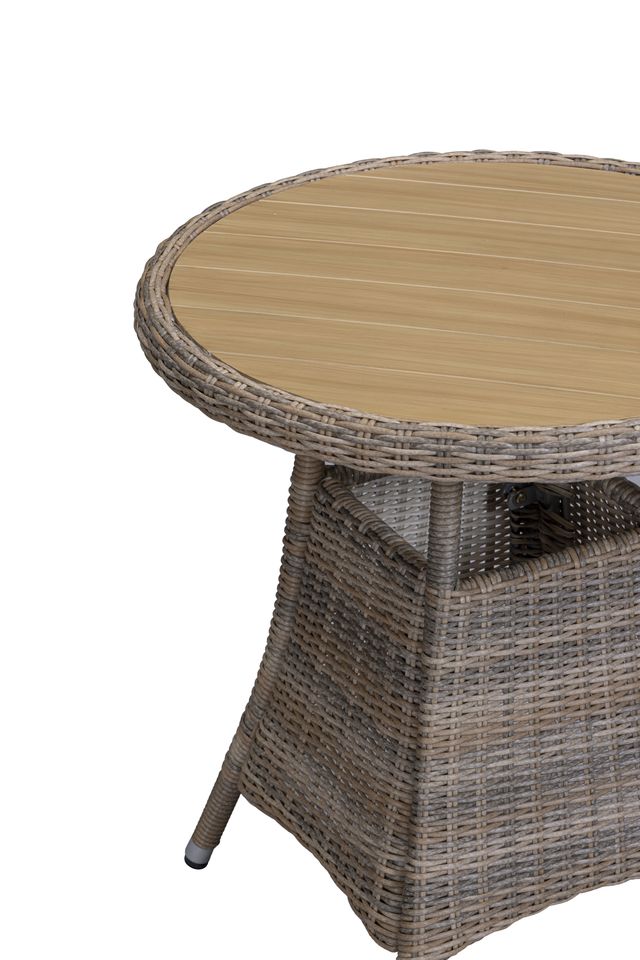Bermuda Bistro Set features 2 armchairs and a small round bistro table in a Natural Weave rattan with wood-effect table top