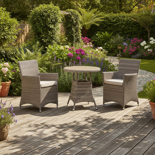 Bermuda Bistro Set features 2 armchairs with cream seat pads and a round bistro table in a Natural Weave rattan frame