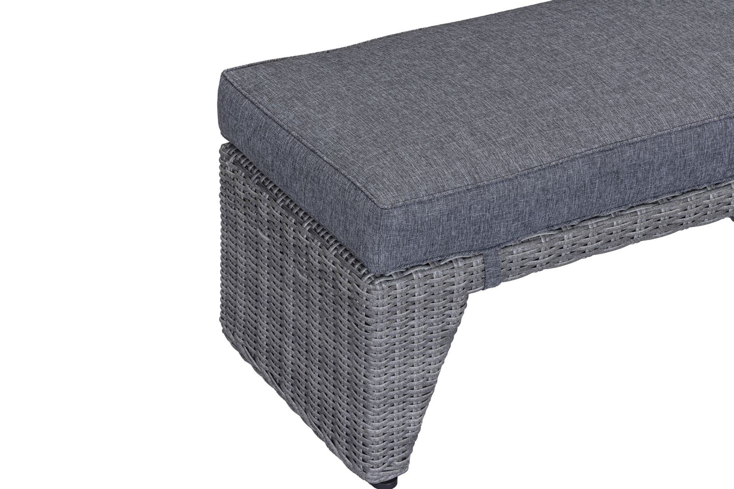 Bermuda Corner Dining Bench Set comprises of a corner sofa, a hi-lo table and 2 benches with seat cushions, in a Grey Weave rattan effect frame