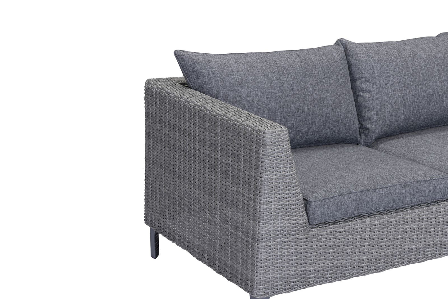 Bermuda Corner Sofa and Bench Dining Set in a Grey Weave rattan effect frame with grey padded cushions