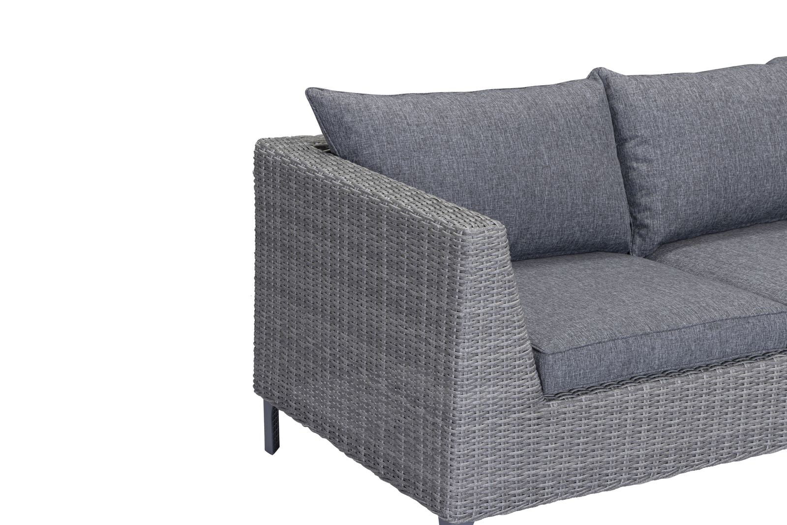 Bermuda Corner Sofa and Bench Dining Set in a Grey Weave rattan effect frame with grey padded cushions