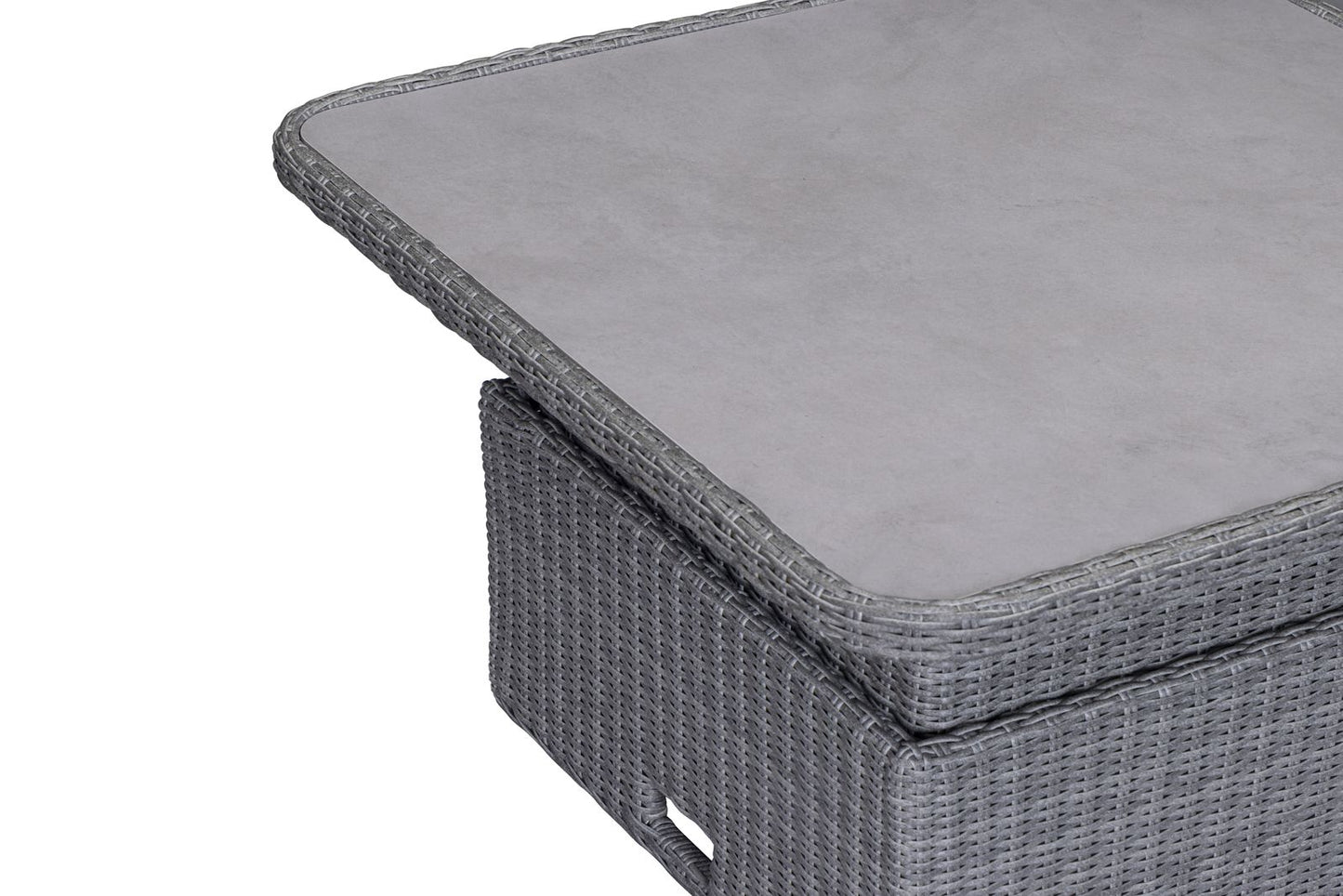 Bermuda Corner Sofa and Bench Set in a Grey Weave rattan with a square rising table that can be used as a coffee table or a dining table