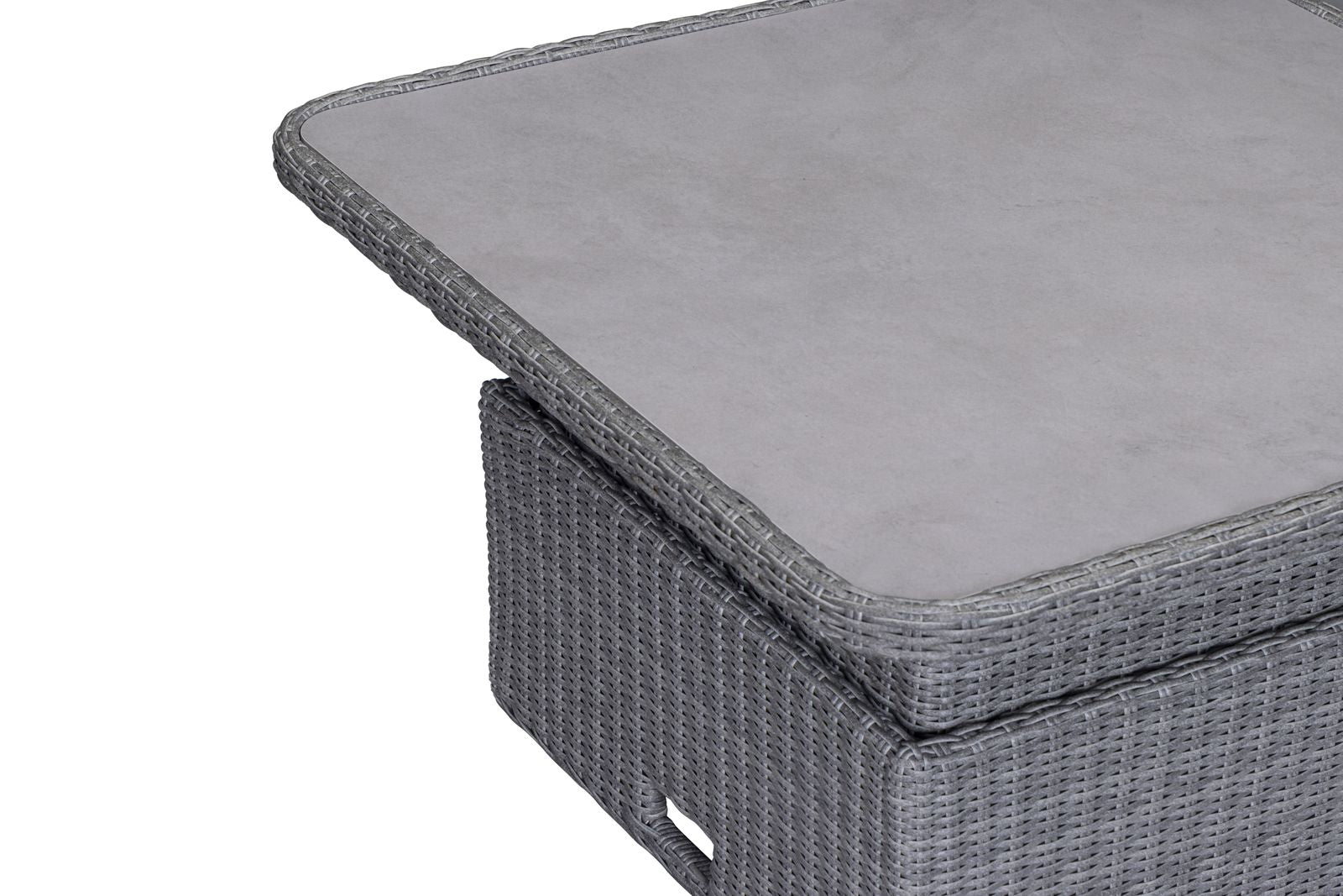 Bermuda Corner Sofa and Bench Set in a Grey Weave rattan with a square rising table that can be used as a coffee table or a dining table