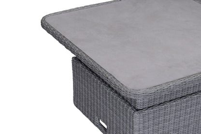 Bermuda Corner Sofa and Bench Set in a Grey Weave rattan with a square rising table that can be used as a coffee table or a dining table