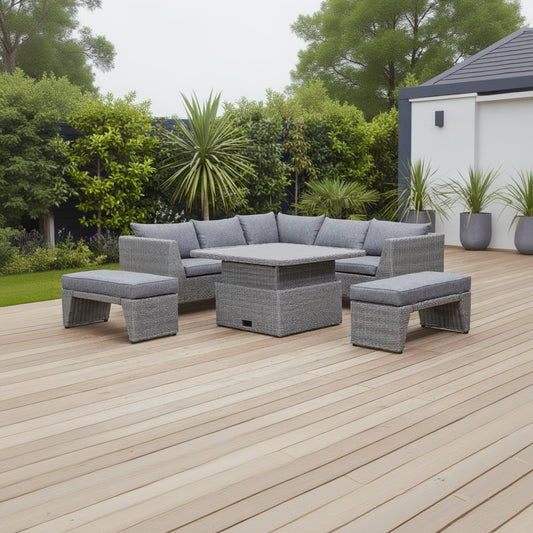 Bermuda Corner Sofa and Bench Dining Set in Grey Weave rattan with sumptuous grey padded cushions, and a square rising table with a sintered stone top