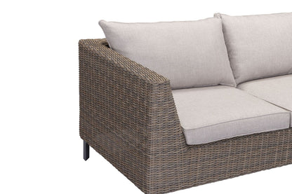 Bermuda Corner Sofa and Bench Dining Set in a Natural Weave rattan frame with plush cream coloured cushions