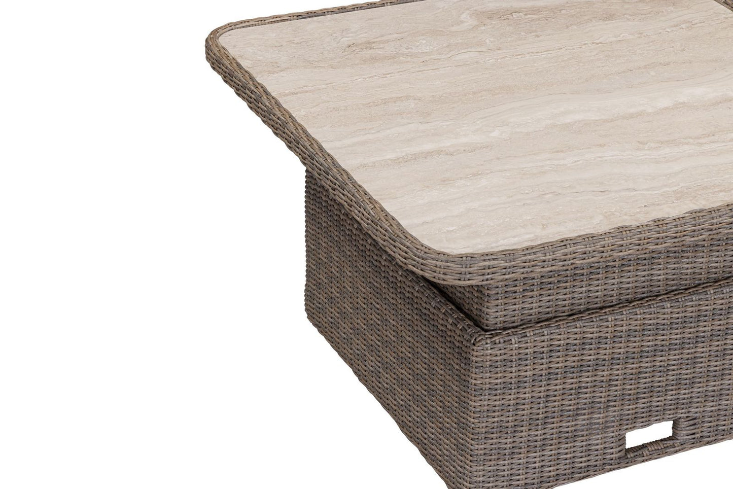 Bermuda Corner Sofa and Bench Dining Set features a square rising table in Natural Weave rattan with a sintered stone table top