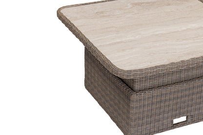 Bermuda Corner Sofa and Bench Dining Set features a square rising table in Natural Weave rattan with a sintered stone table top