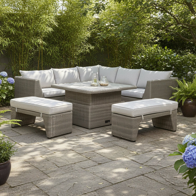 Bermuda Corner Dining Bench Set in Natural Weave features a corner sofa and 2 benches with generously padded cushions, and a height adjustable square table with sintered stone top 