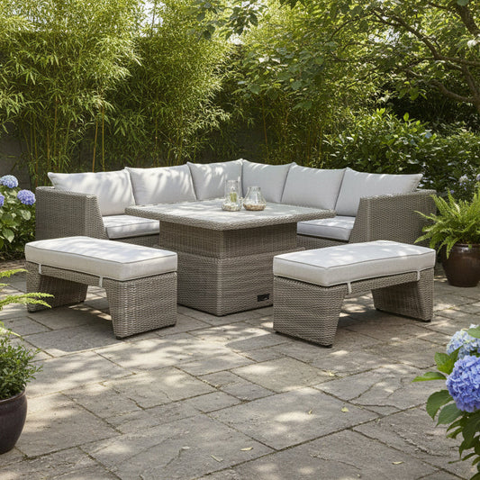 Bermuda Corner Dining Bench Set in Natural Weave features a corner sofa and 2 benches with generously padded cushions, and a height adjustable square table with sintered stone top 