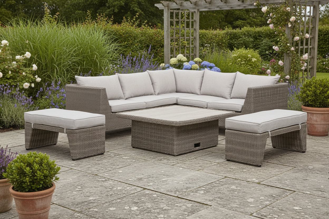 Bermuda Corner Sofa and Bench Set features a 4-5 seater corner sofa, two 2 seater benches with cushions and a square height adjustable table in Natural Weave rattan