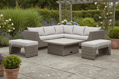 Bermuda Corner Sofa and Bench Set features a 4-5 seater corner sofa, two 2 seater benches with cushions and a square height adjustable table in Natural Weave rattan