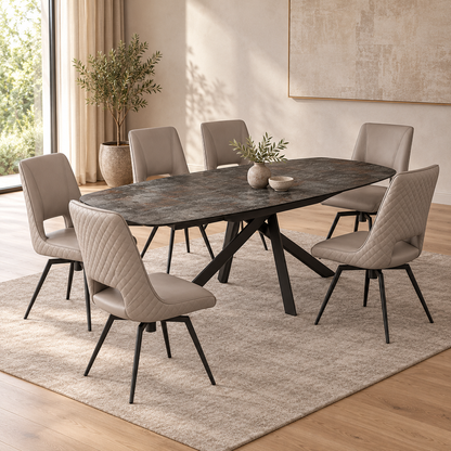 Carlton Furniture Florence Large Oval Dining Table Set in Ceramic Volcano with 6 Parma Truffle Swivel Chairs, shown closed with six chairs in a contemporary dining room.