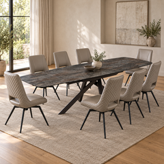 Carlton Furniture Florence Large Oval Dining Table Set in Ceramic Volcano with 8 Parma Truffle Swivel Chairs, shown fully extended with 8 chairs in a contemporary dining room.