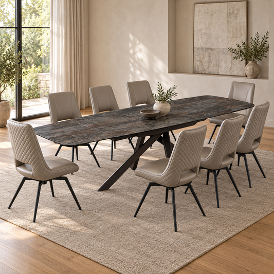 Carlton Furniture Florence Large Oval Dining Table Set in Ceramic Volcano with 8 Parma Truffle Swivel Chairs, shown fully extended with 8 chairs in a contemporary dining room.