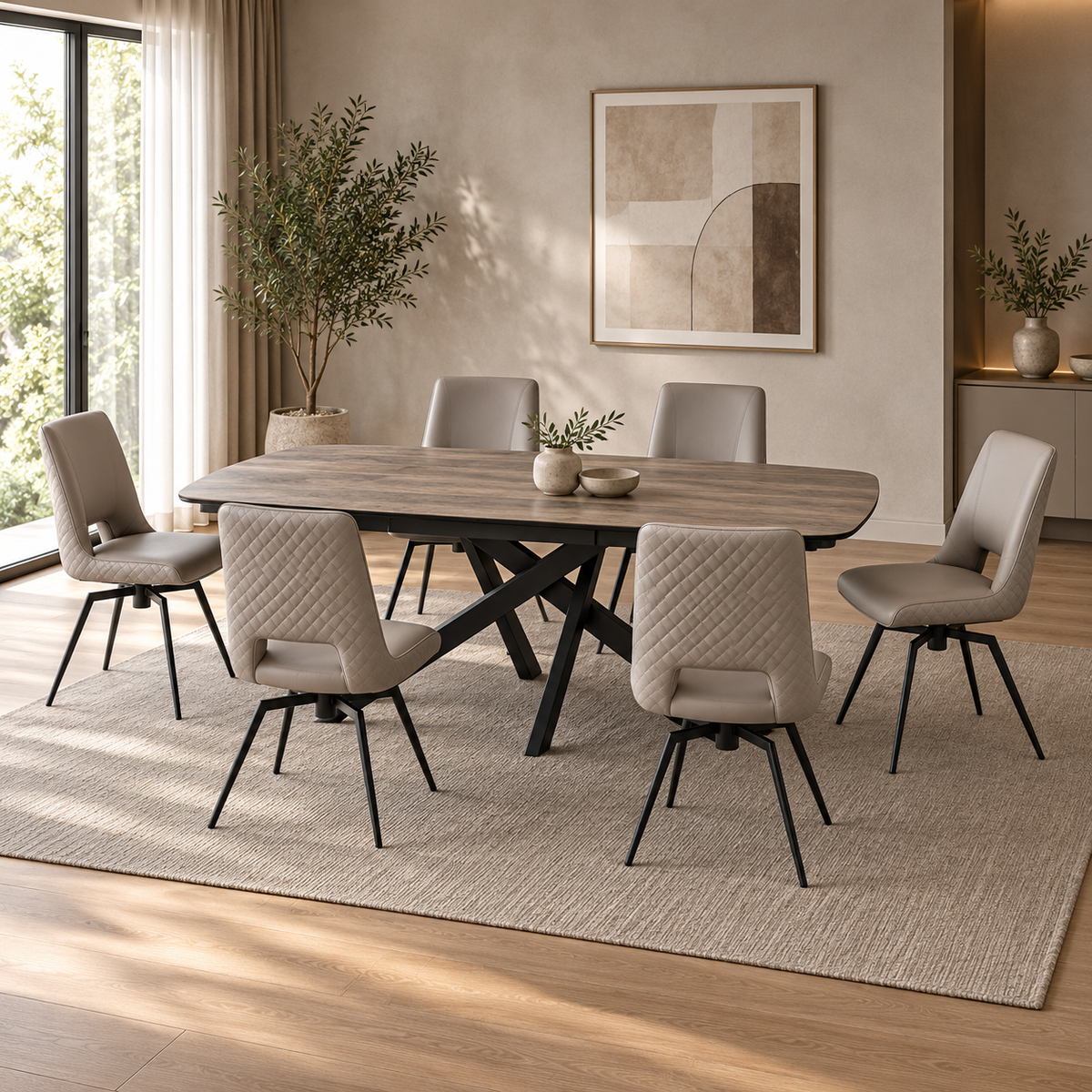 Carlton Furniture Florence Large Oval Dining Table Set in Taupe Woodgrain with 6 Parma Truffle Swivel Chairs, shown closed with 6 chairs in a contemporary dining room.