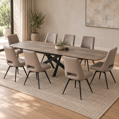Carlton Furniture Florence Large Oval Dining Table Set in Taupe Woodgrain with 8 Parma Truffle Swivel Chairs, shown fully extended with 8 chairs in a contemporary dining room.