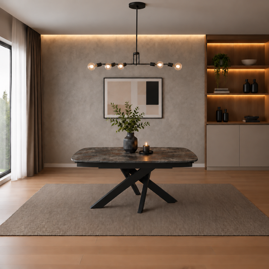 Carlton Furniture Florence Small dining table in Ceramic Volcano, closed at 140cm, with black metal spider base and no chairs
