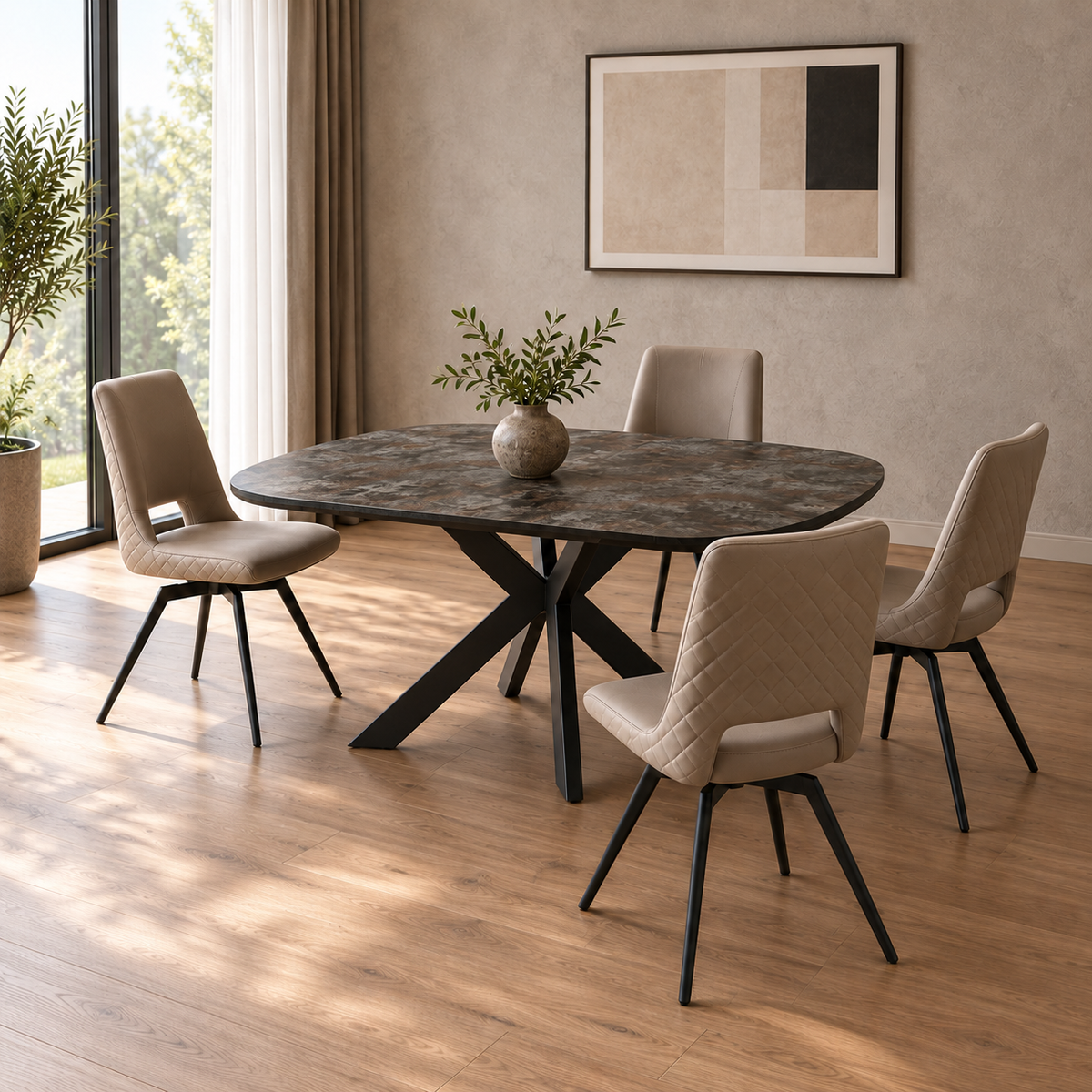 Carlton Furniture Florence Small Dining Table Set in Ceramic Volcano with 4 Parma Truffle Swivel Chairs, shown closed with 4 chairs in a contemporary dining room.