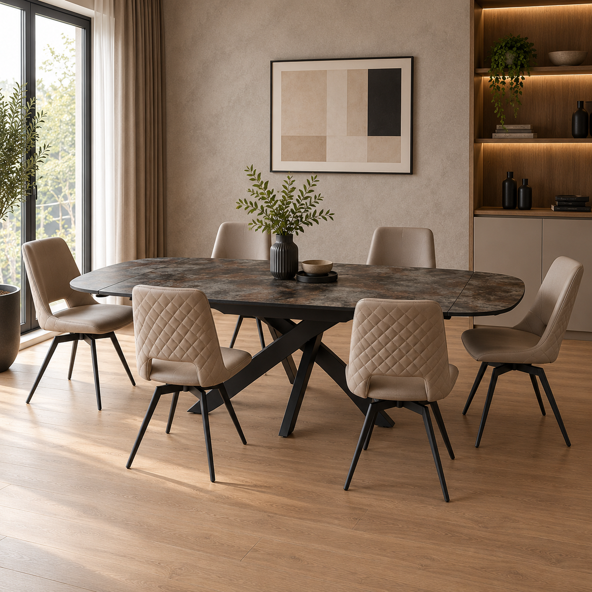 Carlton Furniture Florence Small Dining Table Set in Ceramic Volcano with 6 Parma Truffle Swivel Chairs, shown fully extended with 6 chairs in a contemporary dining room.